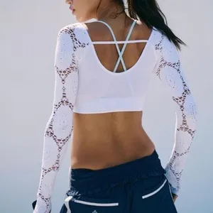 Free People Movement Say The Word Shrug White M/L Pointelle Lace Thumbhole Crop thumbnail 2