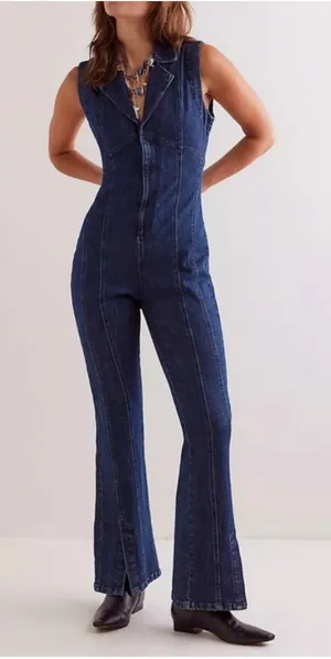 Free People Ring the Alarm Denim Sleeveless Jumpsuit One Piece Curvy XL thumbnail 1