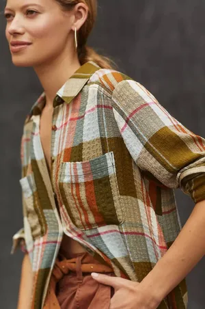 Pilcro Shirt Dress Women Medium Olive‎ Plaid Longline Duster Button Front Boho thumbnail 1