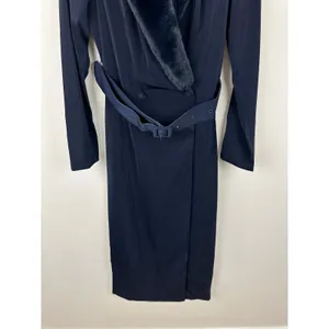 NEW Naked Wardrobe The Statement Trench Coat Navy Fur Shawl Collar Belted Small thumbnail 4
