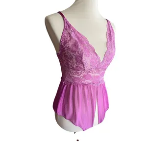 Gorgeous! Lilac Satin Lace Rose Negligee Open Crotch S thumbnail 2