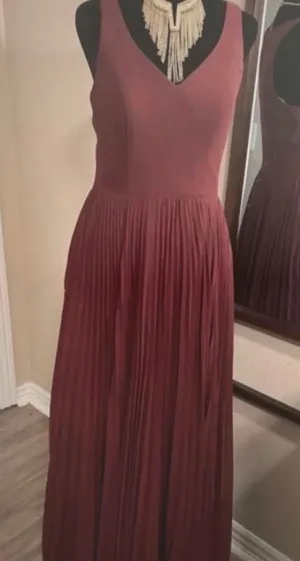 Azazie Sleeveless V-Neck Pleated Maxi Wedding Guest Dress in Burgundy thumbnail 1