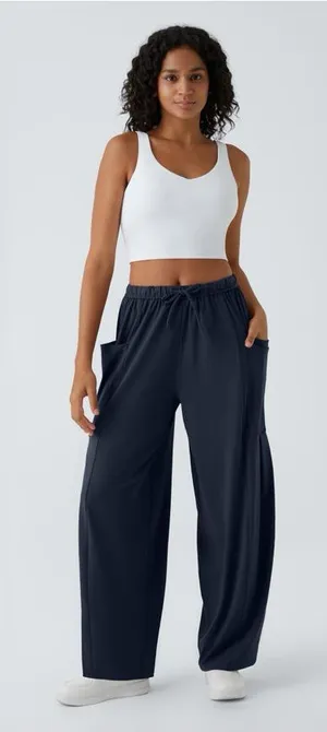Halara Palazzo Navy Pants Wide Leg Flowy Drawstring Pockets Casual Size S NWT thumbnail 1