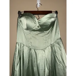Sage Green Satin Strapless Sweetheart Corset Midi Dress Women L Fairycore Event thumbnail 2