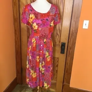 BILA Boho Patchwork Floral Midi Dress Pink Red Rayon Size Small thumbnail 5