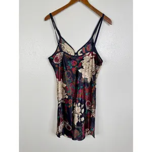 California Dynasty Vintage Floral Paisley Satin Chemise Nightgown Navy Burgundy thumbnail 2