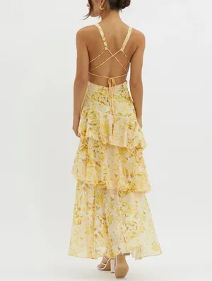 One And Only Collective Yellow Floral Ruffle Open Back Dress thumbnail 3