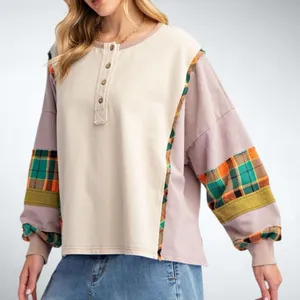 Size S (Oversized) Easel Los Angeles Button Front Color Mixed Washed Top in Oat thumbnail 1
