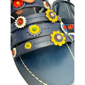 Tory Burch Marguerite Sandals 8 Navy Leather Floral Summer Casual‎ Boho thumbnail 11