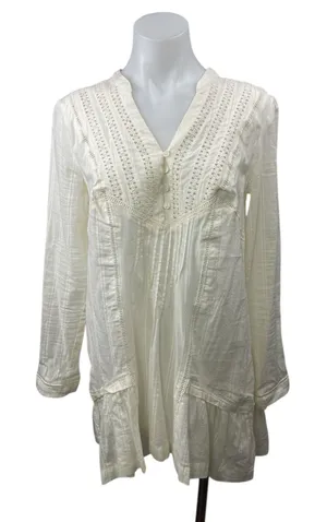 Free People Women's White Lace Pleated Long Sleeve Mini Tunic Shift Dress Sz XS thumbnail 1