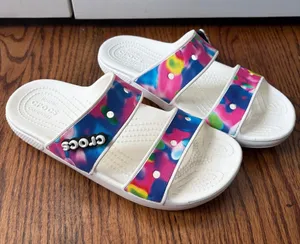 Crocs Womens Classic Graphic Two-Strap Slide Sandals Size 7 White - Multicolor thumbnail 1
