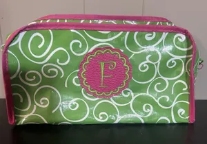 Monogram F Green Pink Swirl Cosmetic Makeup Bag Travel Organizer 10” 4” thumbnail 1