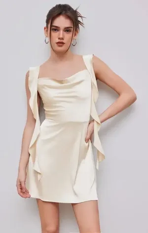 Cider Champagne Satin Cowl Neck Ruffle Mini Dress Cream Sleeveless Party S thumbnail 1