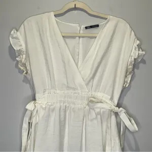 🍁 Zara Ruffle V-neck Mini Dress‎ Cinched Waist Ties White Small thumbnail 5