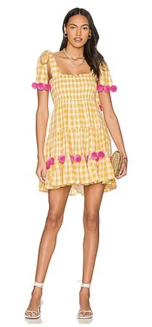 Sundress Pippa Dress Women's M/Large Yellow Gingham Check Pom Pom Boho Revolve thumbnail 1