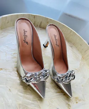 JiaBinji Heeled Mules Chain Embellished Pointed Toe Stiletto Mules for Women Slip on Backless Party Bridal Shoes Silver Size 5.5 thumbnail 3