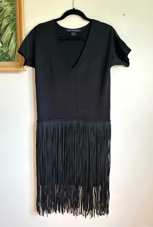 French Connection Fringe Short Sleeve V Neck Dress Black Womens 2 Stretch thumbnail 1