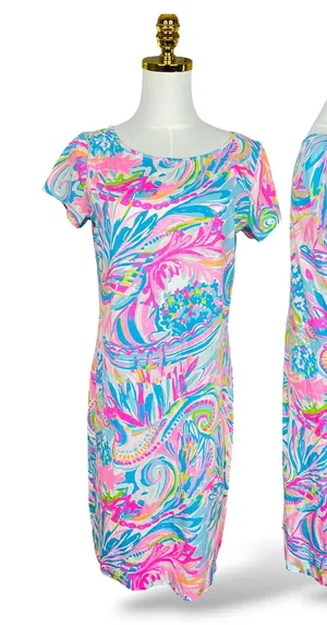 Lilly Pulitzer Pink Blue Floral Shift Dress Short Sleeve Knit Boat Neck Size M thumbnail 1