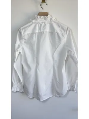 J Crew Classic Fit Ruffle Collar Shirt White Cotton Button Blouse Size 8 thumbnail 8