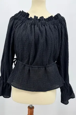SCOOP Off Shoulder Peplum Blouse Black Tie Waist Long Ruffle Sleeve Casual Top L thumbnail 1