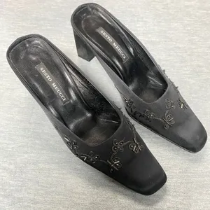 Vintage Sesto Meucci Black Satin‎ Beaded Embellished Mule Heels Sz 7 M Old Money thumbnail 3
