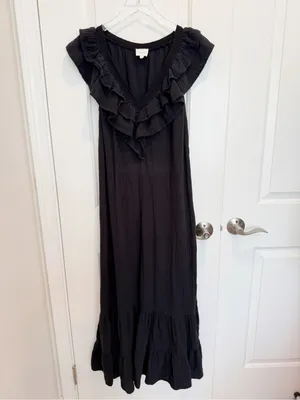 SUNDAYS Black Gauze Cotton Ruffle Hem Maxi‎ Dress Summer Beach Vacation thumbnail 2