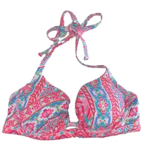 NWT Coco Rave 36B/C halter push-up bikini top bright ruched‎ hot pink orange thumbnail 1