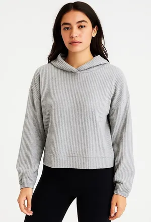 Aerie Women's Gray Ribbed Hoodie Sweatshirt Size M Relaxed Fit‎ thumbnail 1