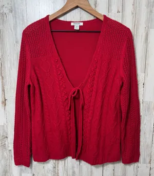 Vintage 90s Grandma Red Knit Acrylic Tie‎ Front Cardigan Sweater Womens Medium thumbnail 1