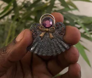 Unique vintage silver angel brooch purple stone whimsy fairy grunge goth Approx 1.2” long thumbnail 1