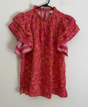 Oddi Small Rayon Blouse Ruffle Sleeve High‎ Neck Pink Orange Floral Feminine thumbnail 1