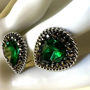 Green rhinestone silver tone teardrop post earrings thumbnail 6