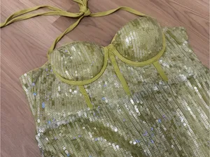 Green Sequin Halter Midi Dress with Side Slit Size XL thumbnail 5