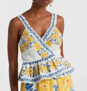 Farm Rio zuli floral lace-trimmed cotton top Small NEW thumbnail 1