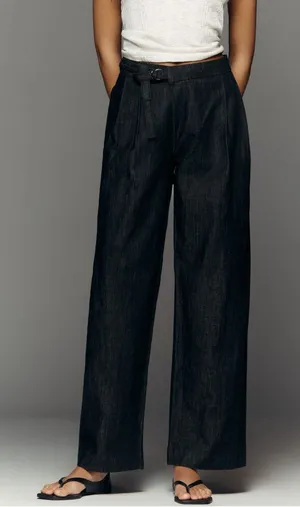 ANTHROPOLOGIE Maeve Belted Pleated High Rise Wide Leg Jeans Dark Denim Size 31 thumbnail 1