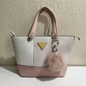 Guess Blush & Cream Colorblock Tote Bag Gold Logo Charm Pom Pom Large thumbnail 3