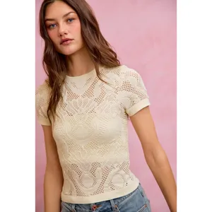 SO ME Floral Perforated Seamless Active Short Sleeve Top - Off White - Large thumbnail 5