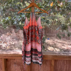 Lavender Brown Orange Aztec Print Fringe Mini Dress Size XS thumbnail 4