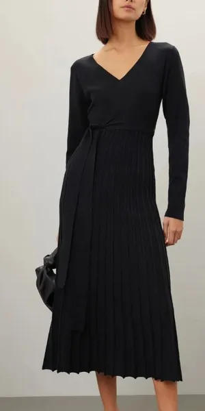 Area Stars Black Knit Midi Wrap Dress XS Pleated Fit Flare Career Designer $175 thumbnail 1