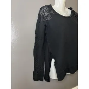 Free People Blouse Womens Small Black Embroidered Scoop Neck Long Sleeve Top thumbnail 3