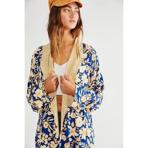 FREE PEOPLE Wild Nights Floral Blue Yellow Duster Kimono NWT size Medium thumbnail 10