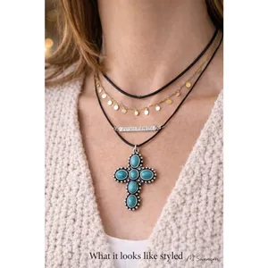 Southwest Turquoise Cross Pendant Necklace Silver Tone Boho Western thumbnail 4