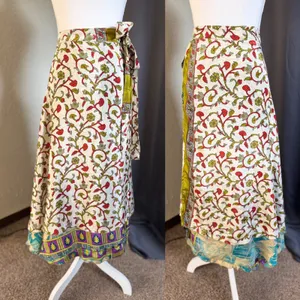 Reversible boho Silk Wrap Skirt Womens OS Turquoise Gold Floral Maxi thumbnail 6