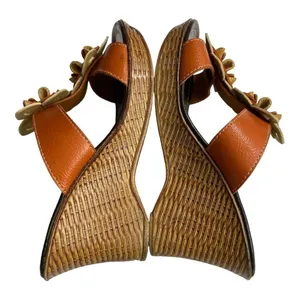 Bonita Floral Leather Wedge Sandals Cognac Brown Slide Mules Platform Heel thumbnail 7