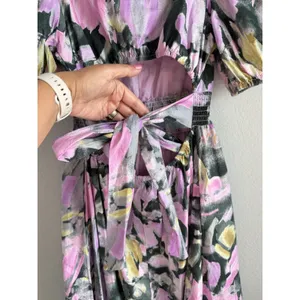 PINCH Watercolor Abstract Floral Midi Dress Smocked Puff Sleeve V-Neck Pink Sz M thumbnail 10