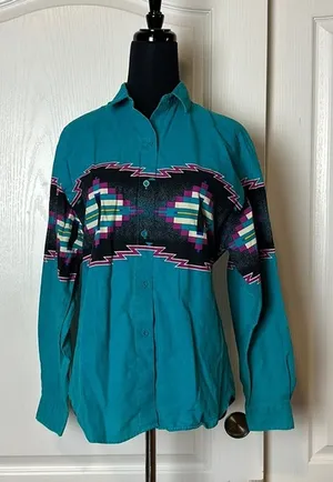 90s VINTAGE TEAL WESTERN ROPER COLLARED BUTTON UP LONG SLEEVE Blue Size M thumbnail 1