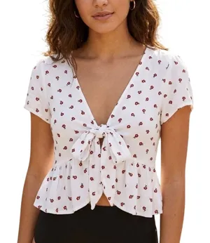 John Galt Cropped Floral Top‎ Size Medium White Red Tie Front Ruffle thumbnail 1