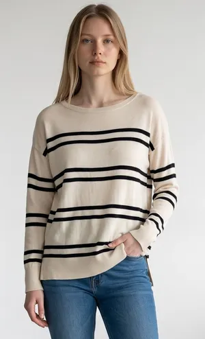 Banana Republic forever sweater Nautical Striped Knit Crew Neck Beige Black M thumbnail 1