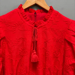 Eliza J Floral Embroidered Puff Sleeve Cotton Fit & Flare Dress in Red 14 thumbnail 7