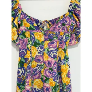 Zara Floral Puff Sleeve Mini Dress Purple Yellow Rose Print Sweetheart Neck XS thumbnail 6